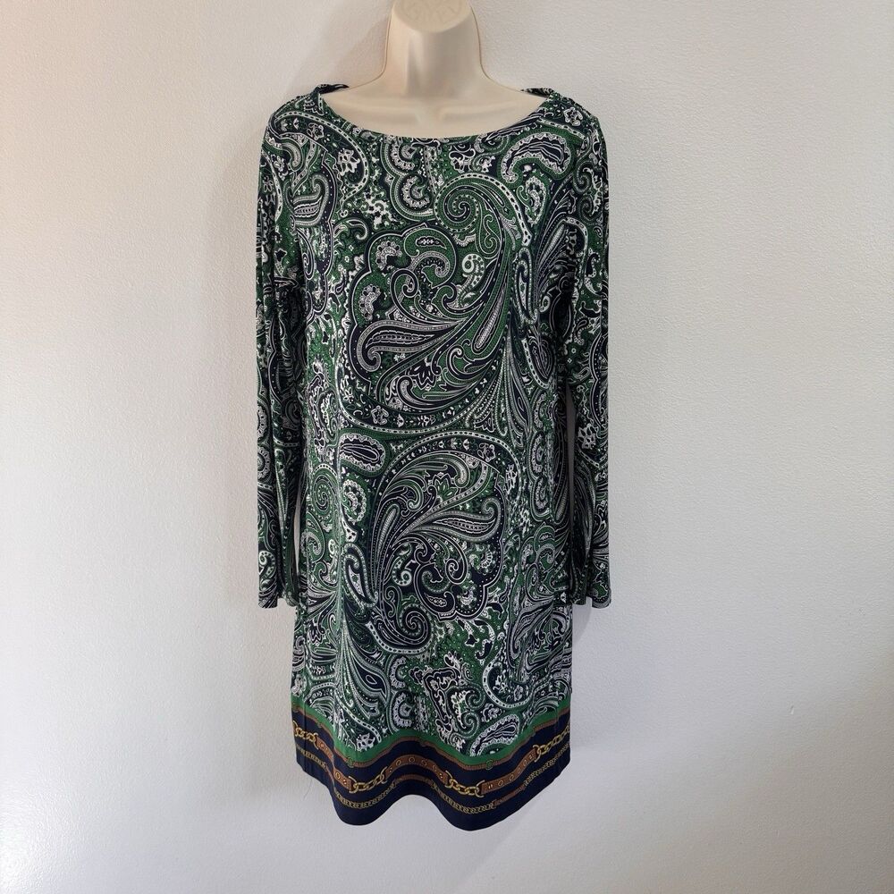 Michael Kors Shirt Dress M Shift Paisley Chain Green Long Sleeve Jersey Stretch